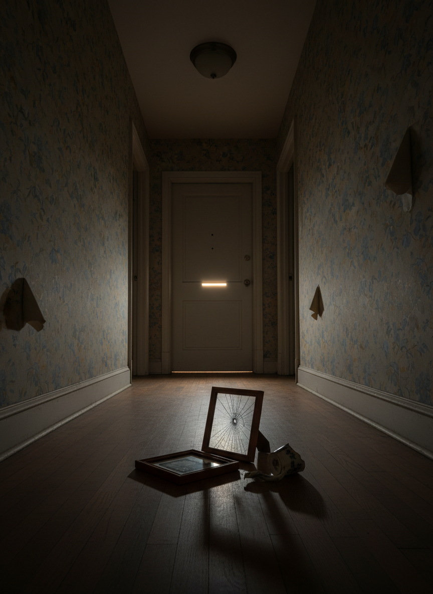 A dimly lit hallway in an ordinary apartment, photographic realism, with patterned wallpaper slightly peeling at the edges and a thin strip of light leaking from beneath a closed bedroom door. On the hardwood floor near the door lies a small overturned picture frame with its glass cracked, the photograph inside turned face down, and beside it a single broken ceramic mug handle. A soft, yellowish ceiling light casts elongated, uneasy shadows and a narrow beam of light across the frame. Captured from a low, slightly angled perspective to heighten tension, the mood is quiet, oppressive, and emotionally charged, suggesting conflict without revealing any human presence.