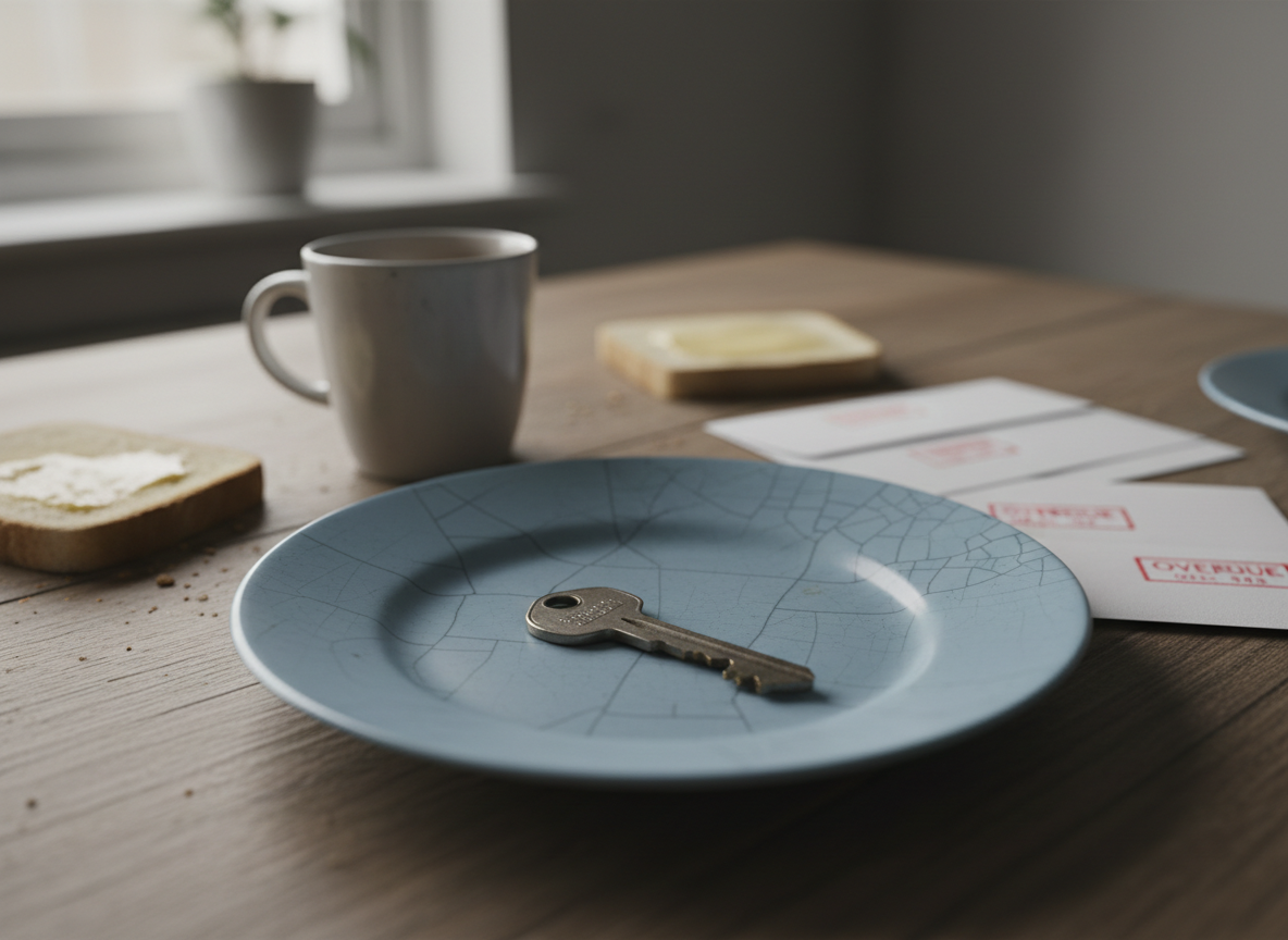 A single, worn house key lying on a cracked, pale blue ceramic plate at the center of a small kitchen table, its metal surface scratched and slightly tarnished. Around it sit a cold cup of tea, a half-eaten piece of toast, and scattered unopened mail with overdue stamps, all slightly out of focus. Diffused overcast daylight seeps through a nearby window, casting soft, muted shadows and emphasizing the quiet stillness. Photographic realism, shot at eye level with a shallow depth of field, creating a somber, contemplative atmosphere that hints at a household in emotional distress without showing any people.