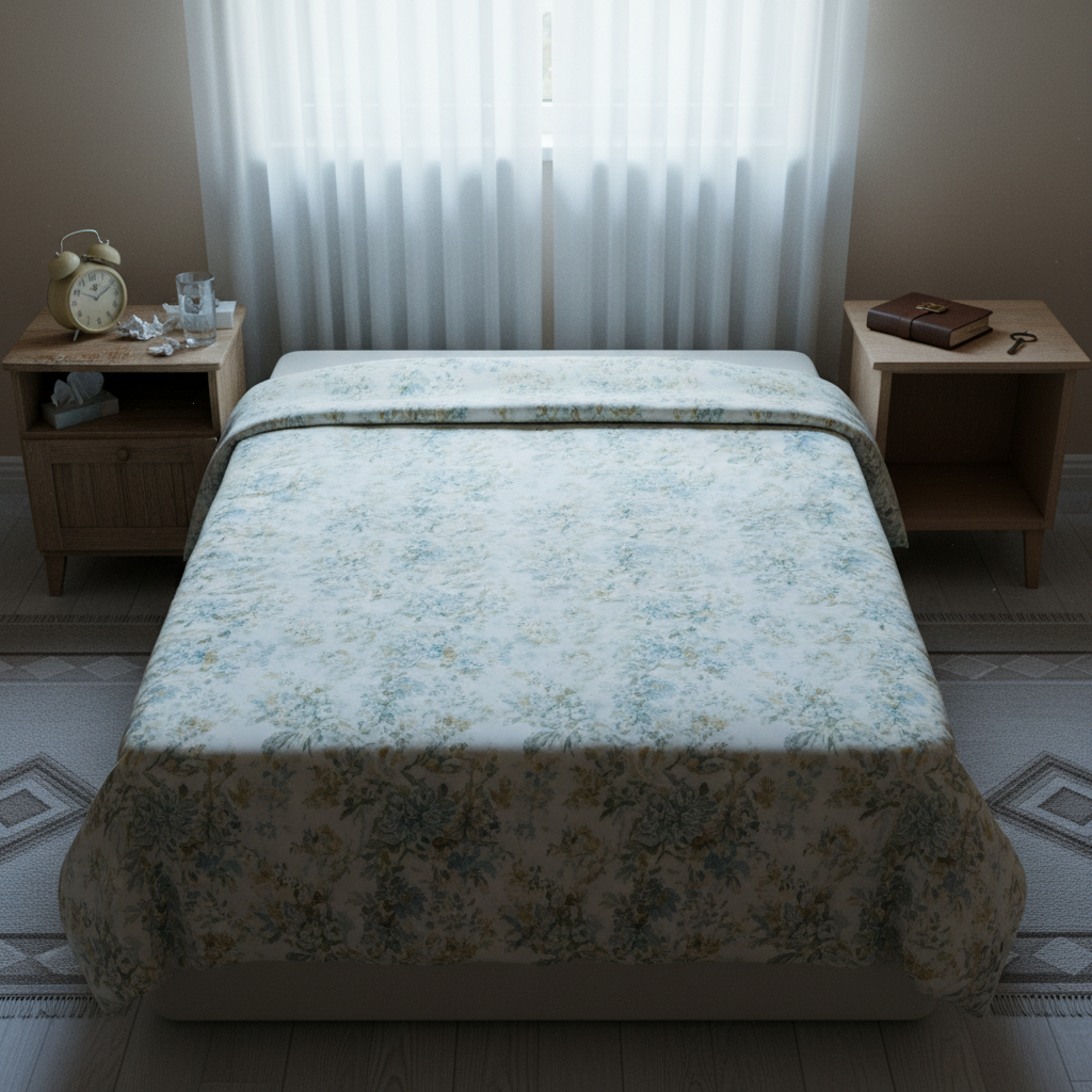 A neatly made bed in a modest bedroom, with a faded floral duvet smoothed perfectly flat, photographic realism. On one side of the bed, the nightstand is cluttered with a tipped-over alarm clock, a glass of water with fingerprints, and a stack of crumpled tissues. On the other, the nightstand is bare except for a closed, locked journal and a small, dark metal key. Soft, cool morning light filters through sheer curtains, highlighting the asymmetry between the two sides. Shot from a slightly elevated angle with balanced composition, the atmosphere feels controlled yet fragile, evoking themes of secrecy, control, and emotional isolation.